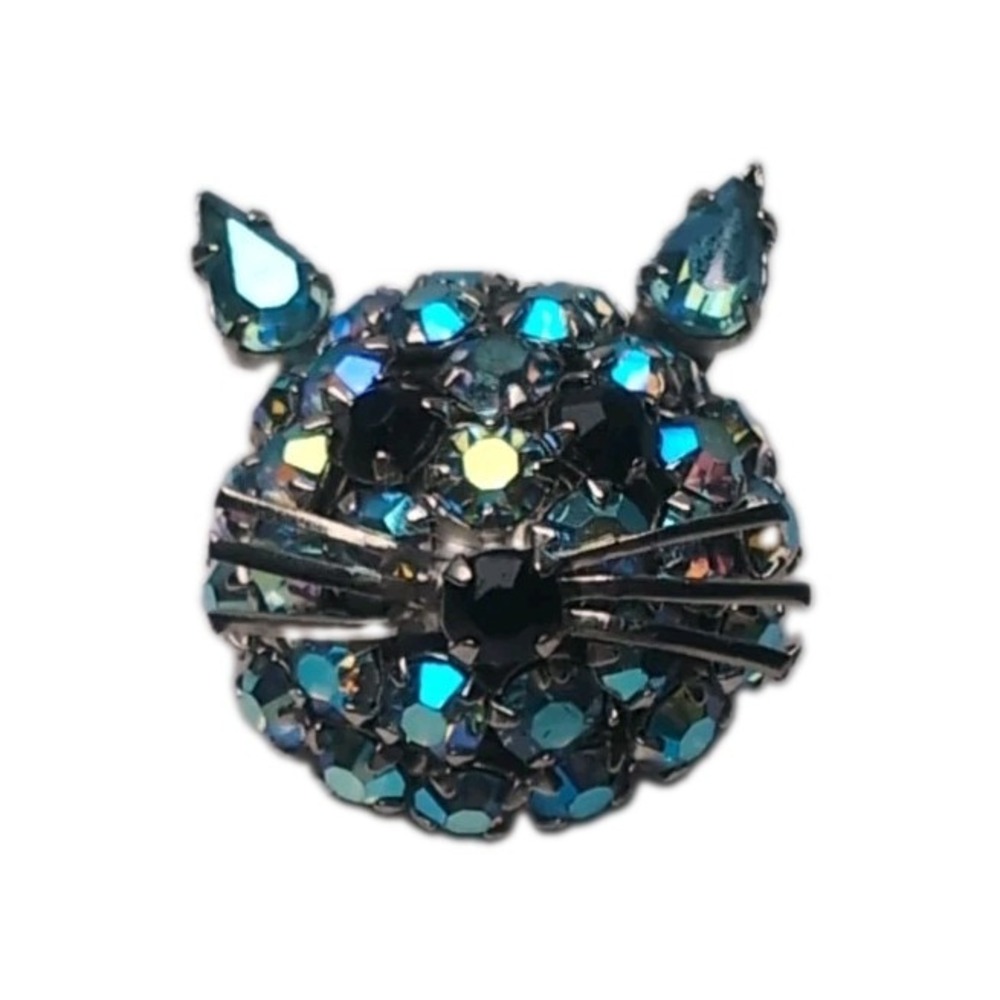 Warner Cat Head Brooch Blue Aurora Borealis Rhinestone Vintage Pin Vintage Kitty